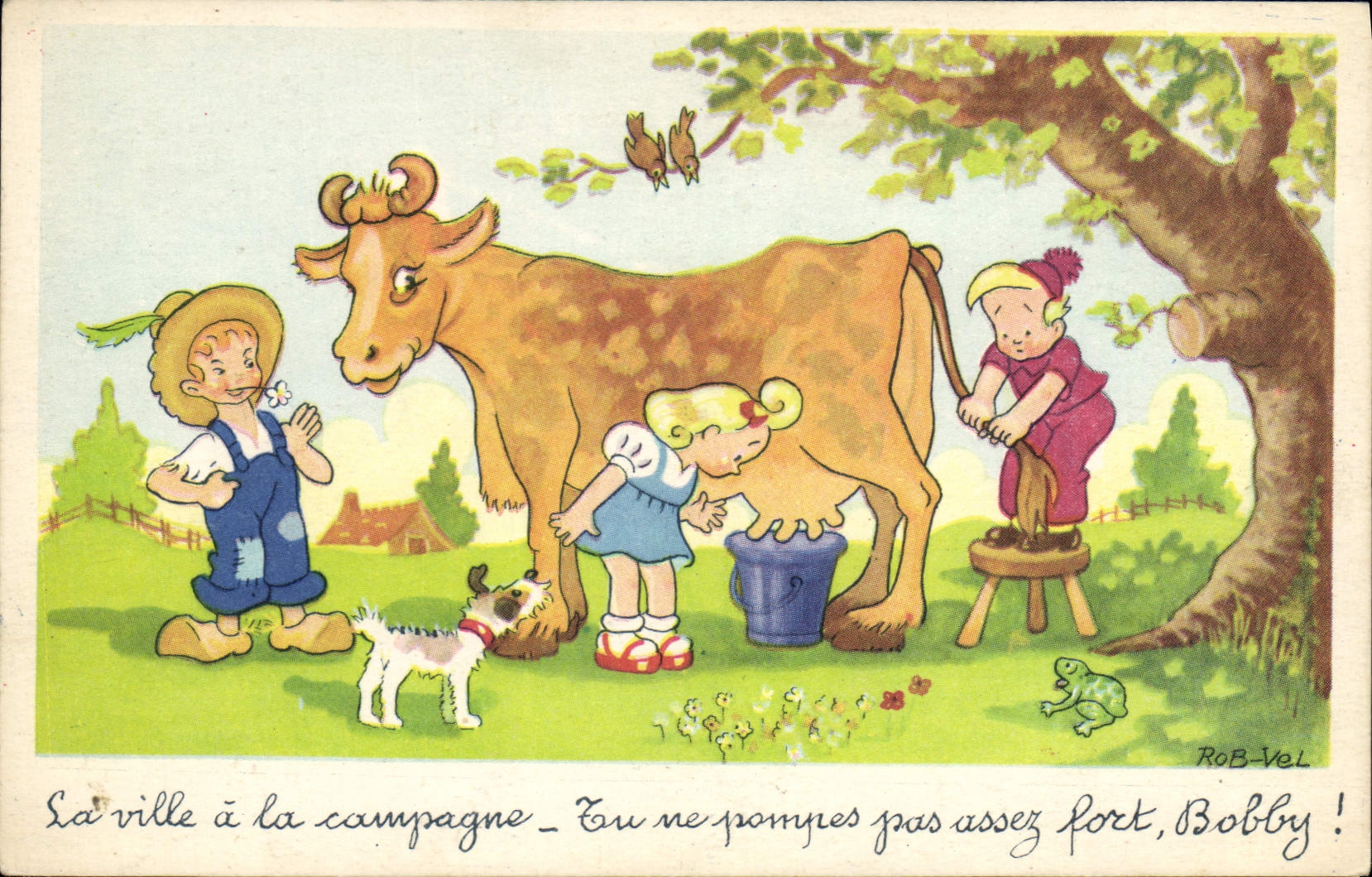 CPA Fantaisie Illustrateur Enfants Vache Chien Grenouille Crapaud