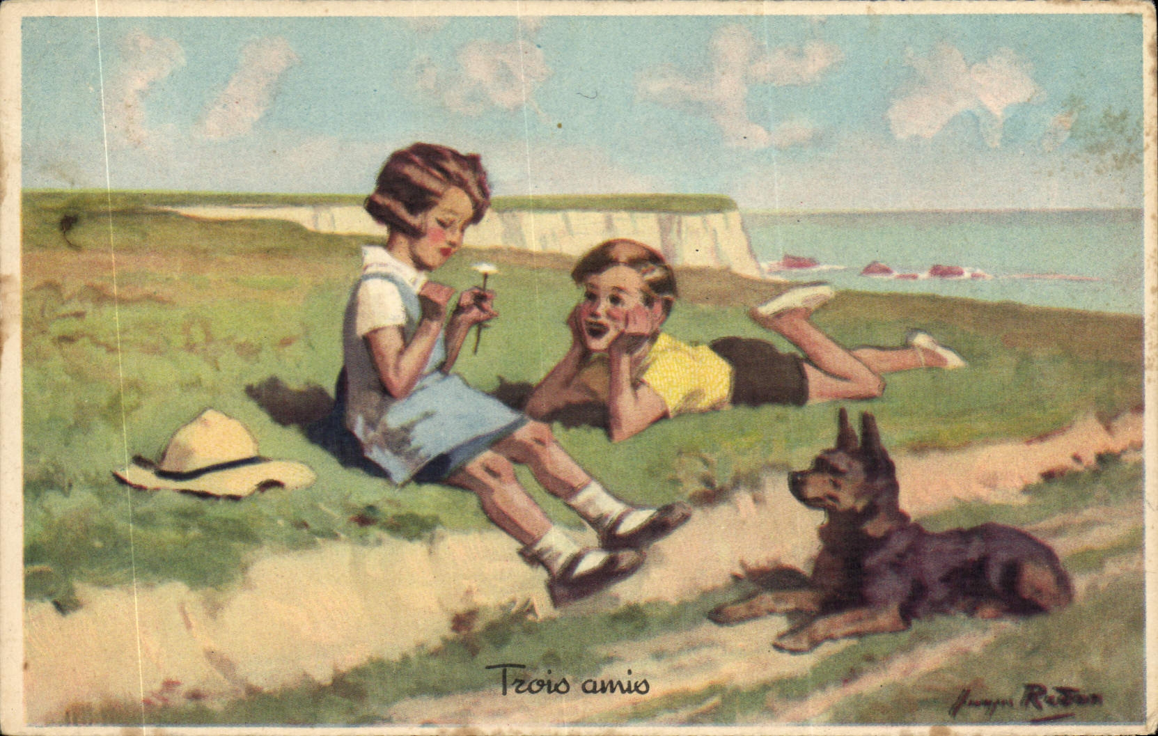 CPA Fantaisie Illustrateur Redon Enfants Chien Trois amis