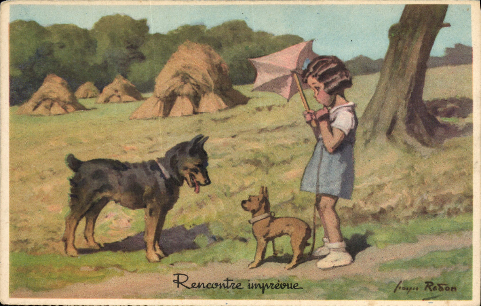 CPA Fantaisie Illustrateur Redon Enfant Chiens