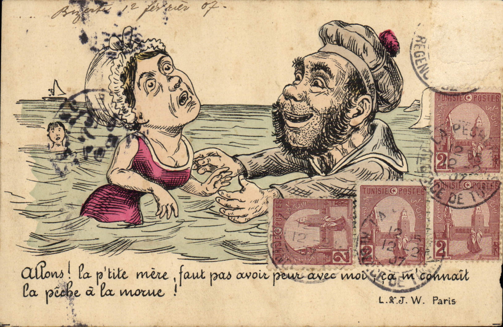 Baignade humoristique — caricature de baigneurs — L.&J.W. Paris