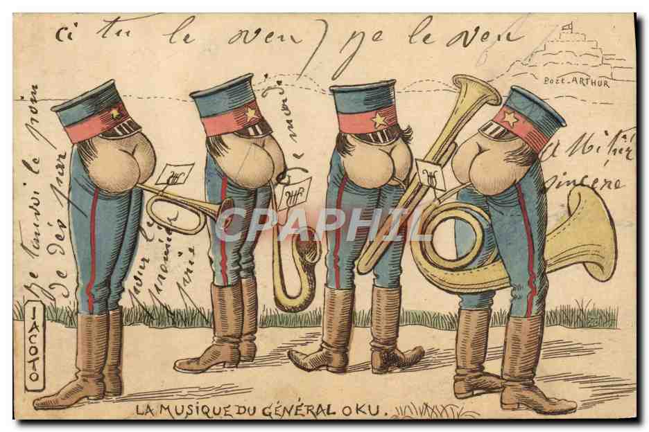 CPA Politique Satirique La musique du general Oku Cor Trombone Japon Nippon 