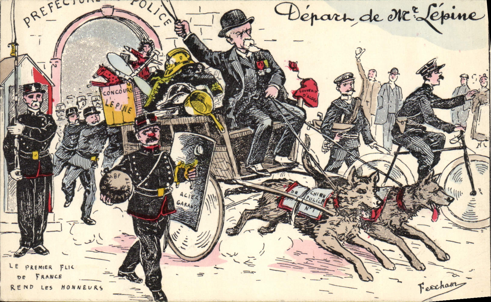 CPA Politique Satirique Depart de Mr Lepine Le premier flic de France rend les honneurs Chiens Chien Velo Cycle 