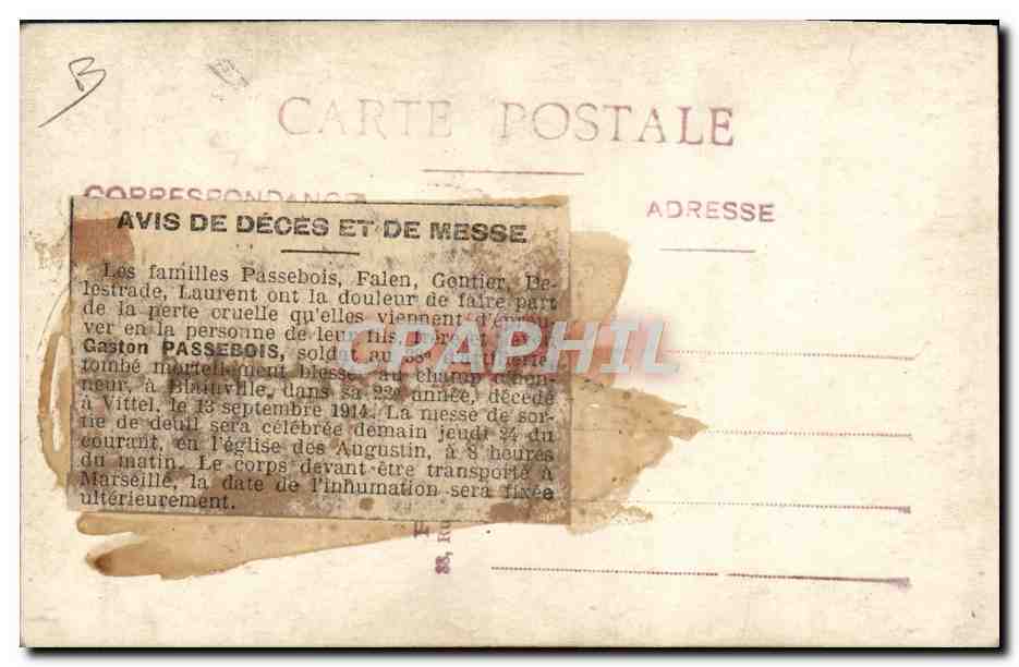 Gaston Passebois — Champion de Blainville — Carte postale d'avis de décès — Verso