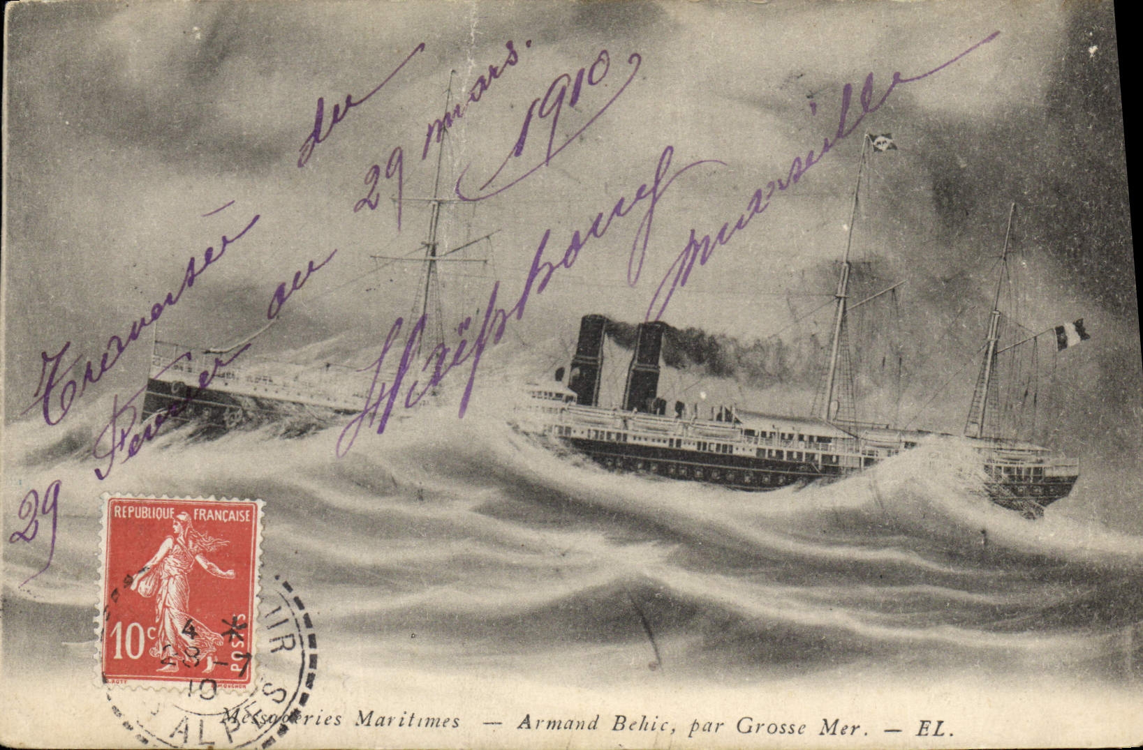 Navire à vapeur — Messageries Maritimes — Armand Behic, par Grosse Mer. — EL.