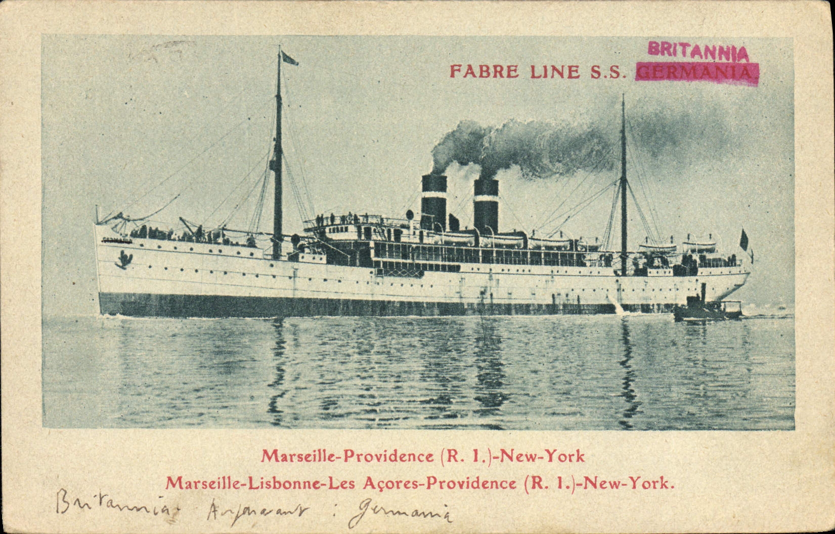 Britannia — Navire de la Fabre Line S.S. — Fabre Line S.S. et timbre 'Britannia' visible