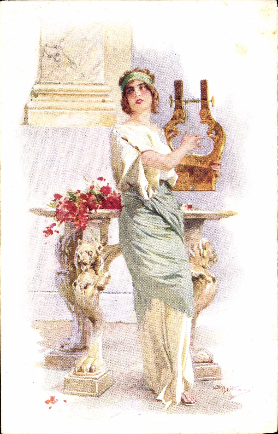 CPA Illustrateur Femme Harpe