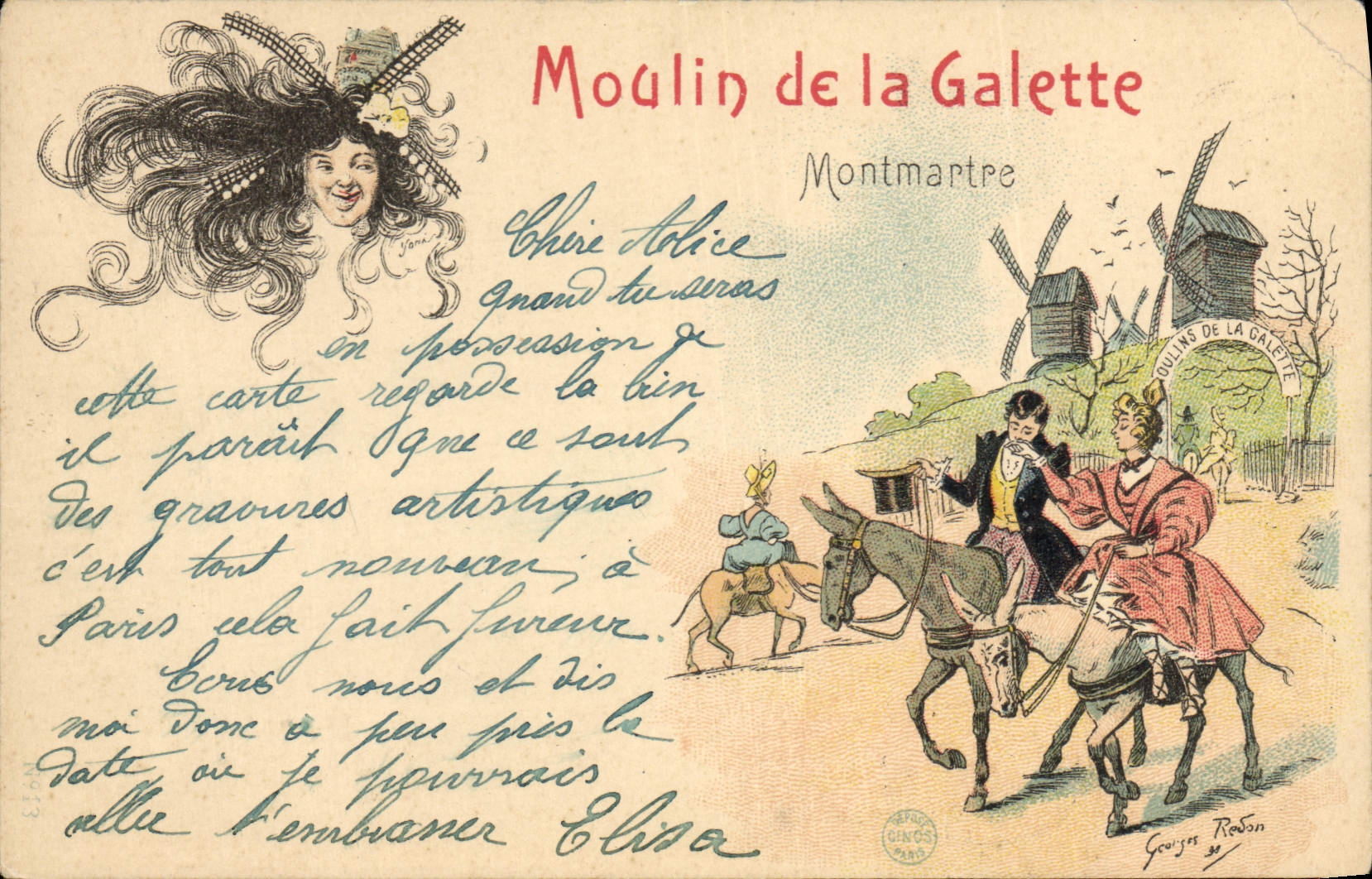 CPA Illustrateur Paris Moulin de la Galette Montmartre Ane mule