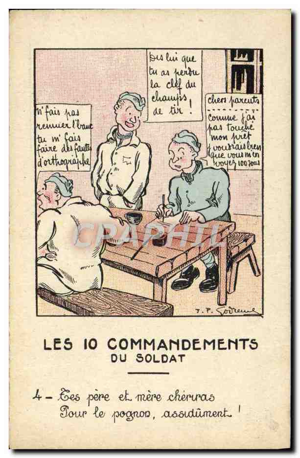 CPA Fantaisie Militaria Les 10 commandements du soldat Tes pere et mere cheriras