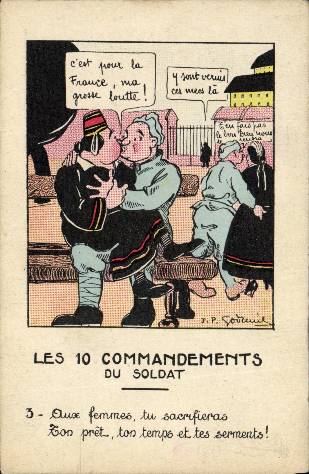 CPA Fantaisie Militaria Les 10 commandements du soldat Aux femmes tu sacrifieras