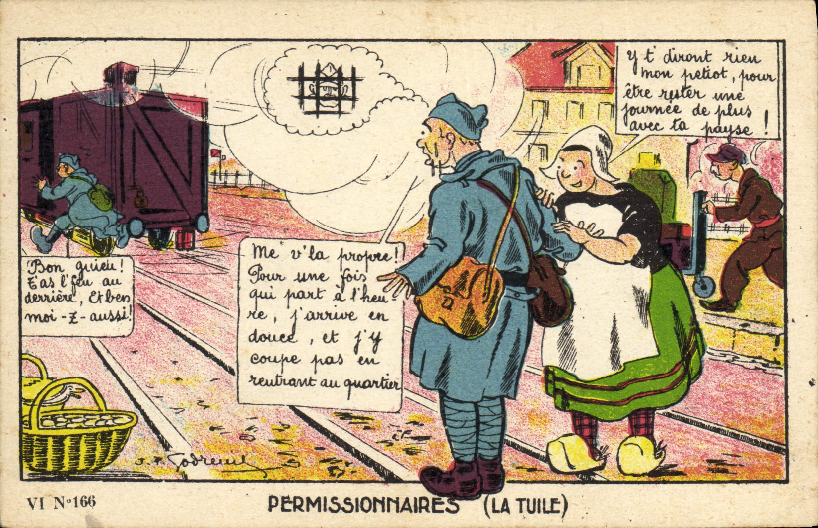Permissionnaires (La Tuile) — scène de gare avec soldat et femme — éditeur S. Sobrieul, N°166