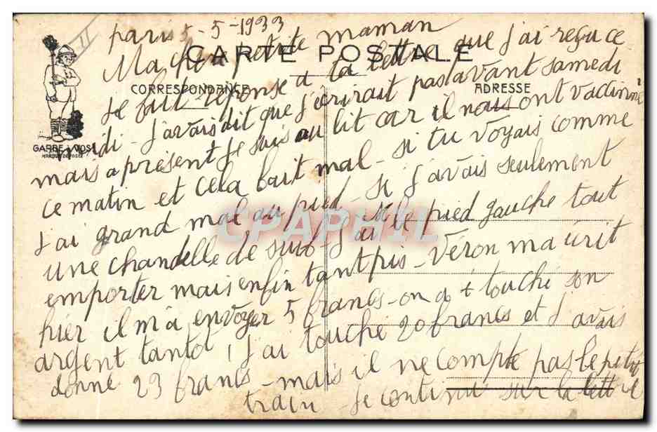 Permissionnaires (La Tuile) — scène de gare avec soldat et femme — éditeur S. Sobrieul, N°166 — Verso