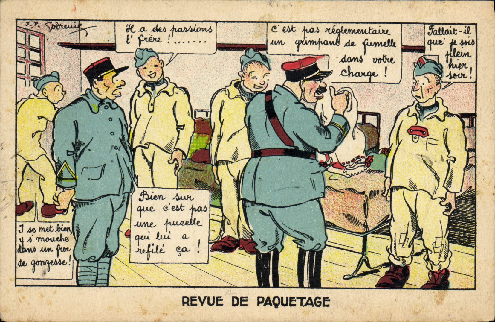 Scène militaire humoristique — Revue de Paquetage — éditeur J.P. Sobrenik