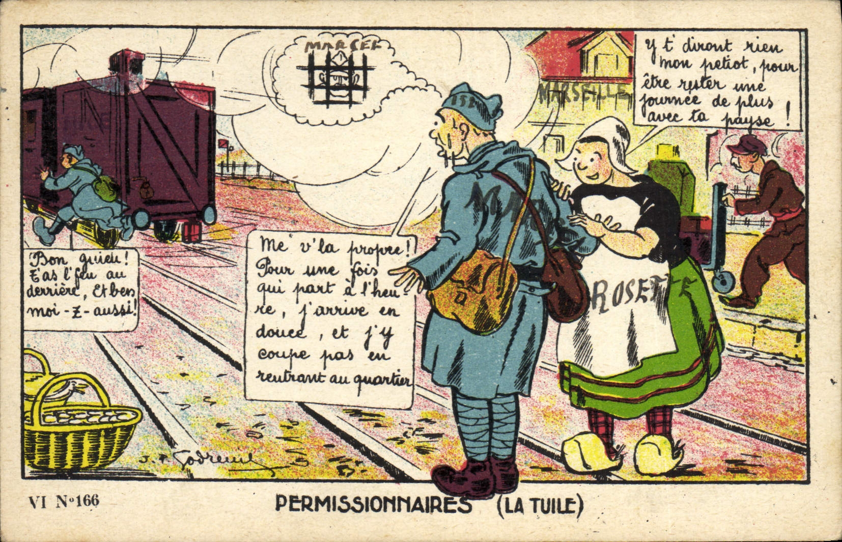 Permissionnaires (La Tuile) — scène de gare avec soldat et femme — dessin de J. Sobrieul, N°166