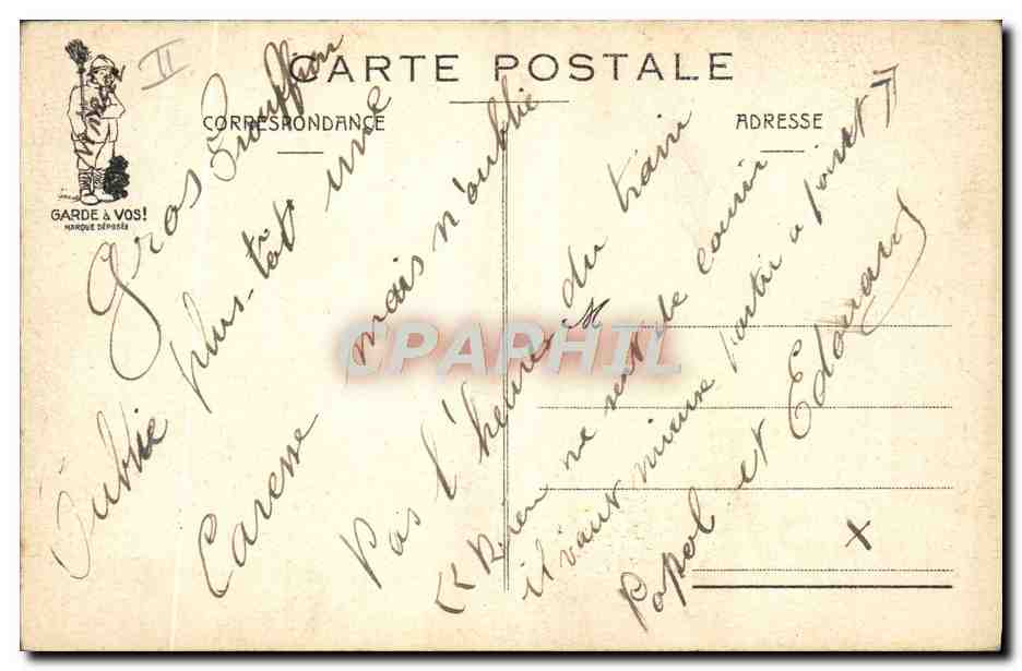Permissionnaires (La Tuile) — scène de gare avec soldat et femme — dessin de J. Sobrieul, N°166 — Reverso