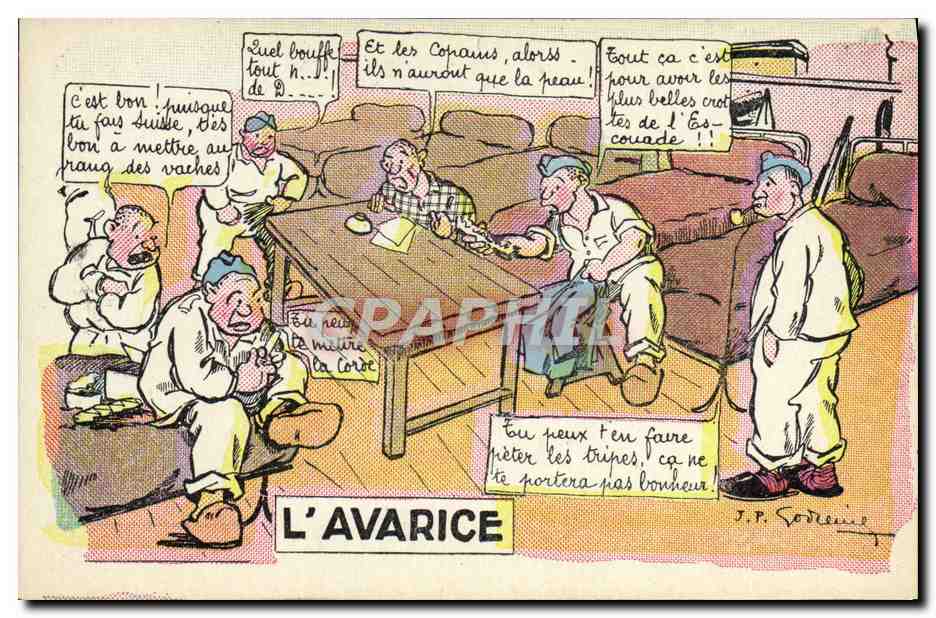 L'AVARICE — caricature de soldats en discussion — J.P. Sodeme
