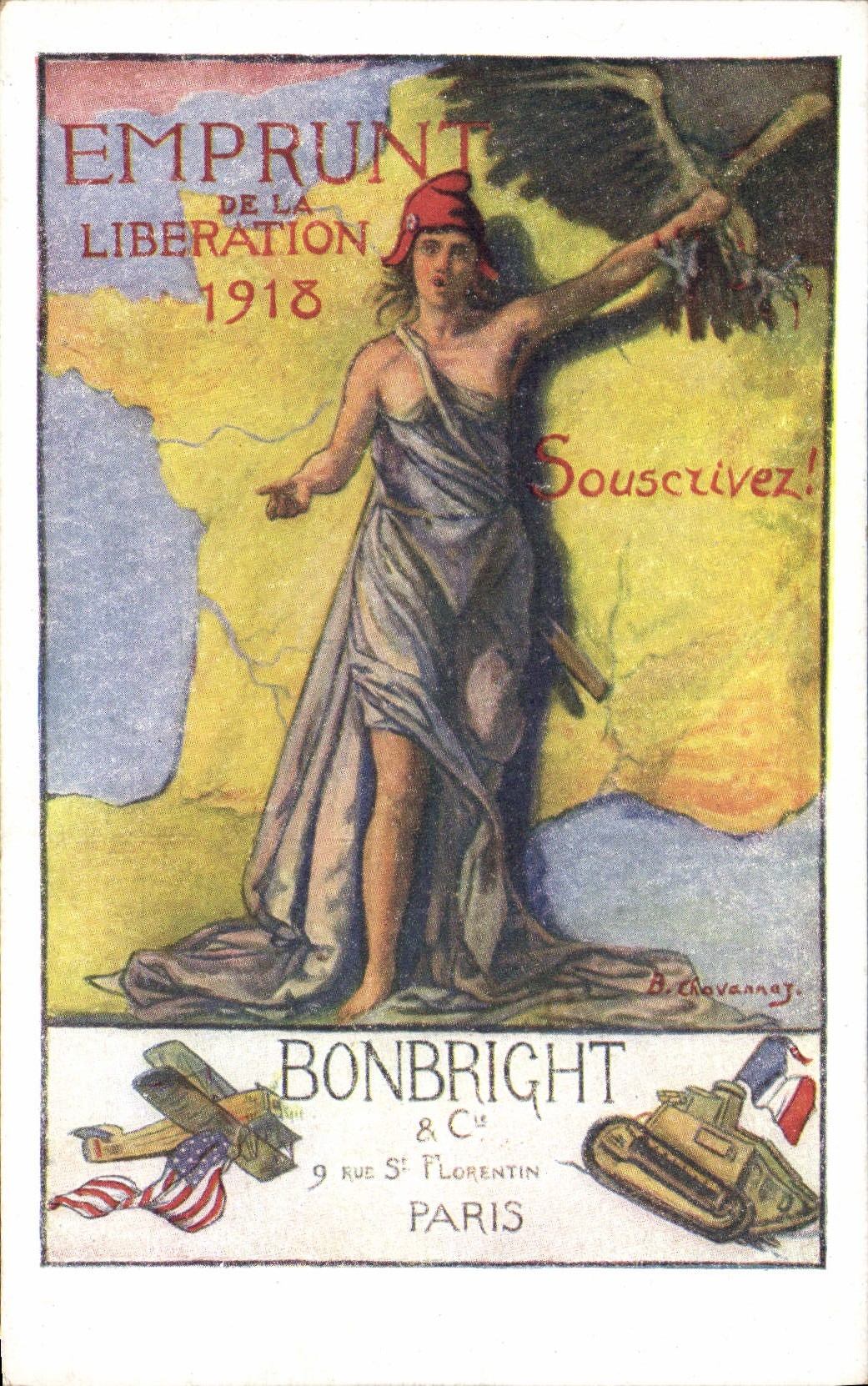 CPA Fantaisie Militaria Emprunt de la Liberation 1918 Bonbright Rue St Florentin Paris Tank Char d'assaut Avion