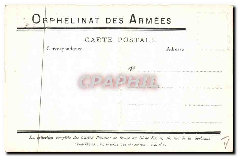CPA Fantaisie Militaria Orphelinat des armees  — Rückseite