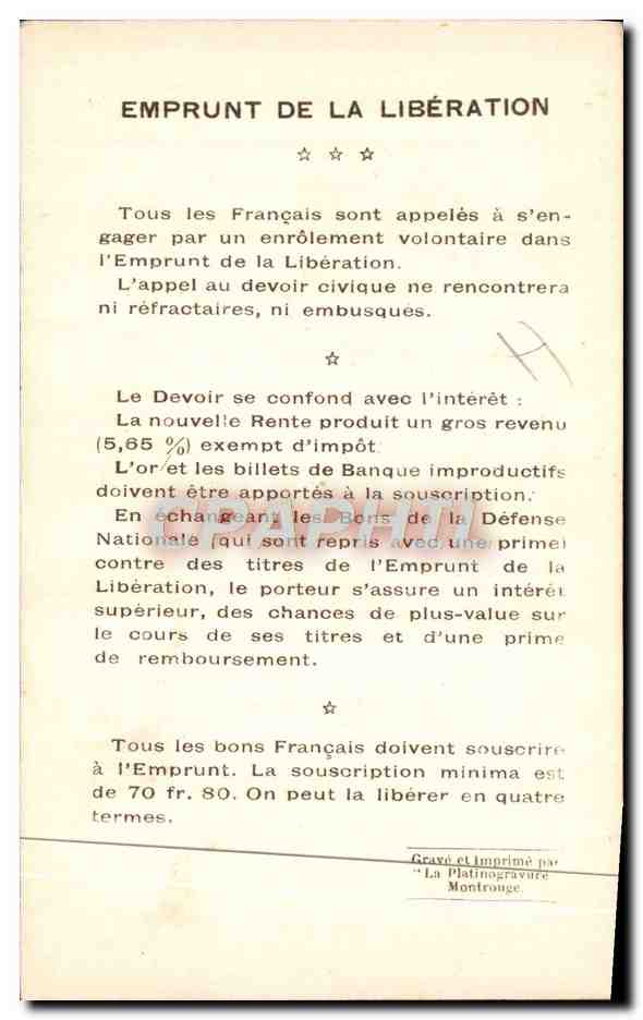 CPA Fantaisie Militaria Emprunt de la Liberation Vainqueurs de la Marne General Gouraud — Rückseite