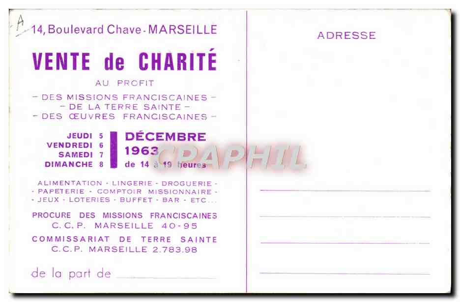 CPA Missionnaires Pape Vente de Charite Boulevard Chave Marseille — Rückseite