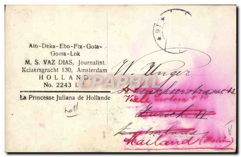 La Princesse Juliana de Hollande — carte postale photographique — M. S. VAZ DIAS, Amsterdam — Verso