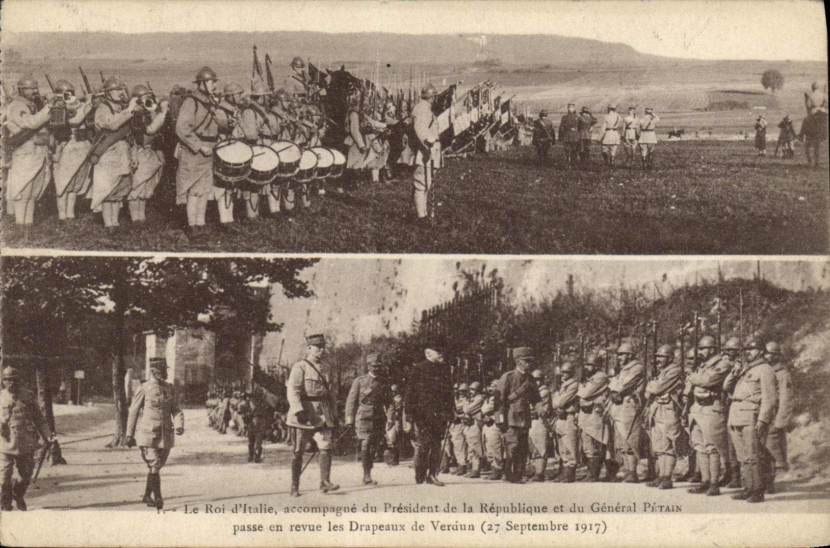 CPA Le roi d'Italie accompagne du President de la Republique passe en revue les drapeaux de Verdun 1917