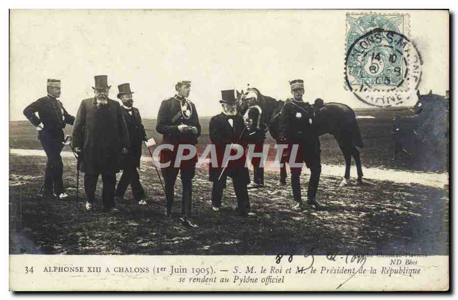 Alphonse XIII à Chalons — 1er juin 1905 — S.M. le Roi et M. le Président de la République se rendent au Pylône officiel — ND Bhot
