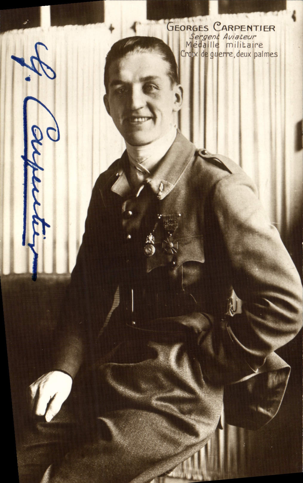 Georges Carpentier — Sergent Aviateur, Croix de guerre, deux palmes — CPAPHIL