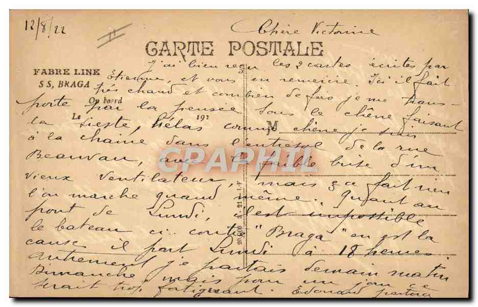 CPA Bateau Braga  — Verso