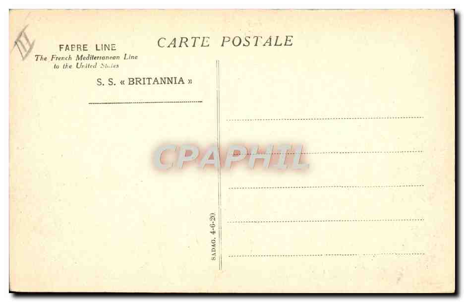 S.S. « BRITANNIA » — navire de la French Mediterranean Line — éditeur FAEBRE LINE — Verso