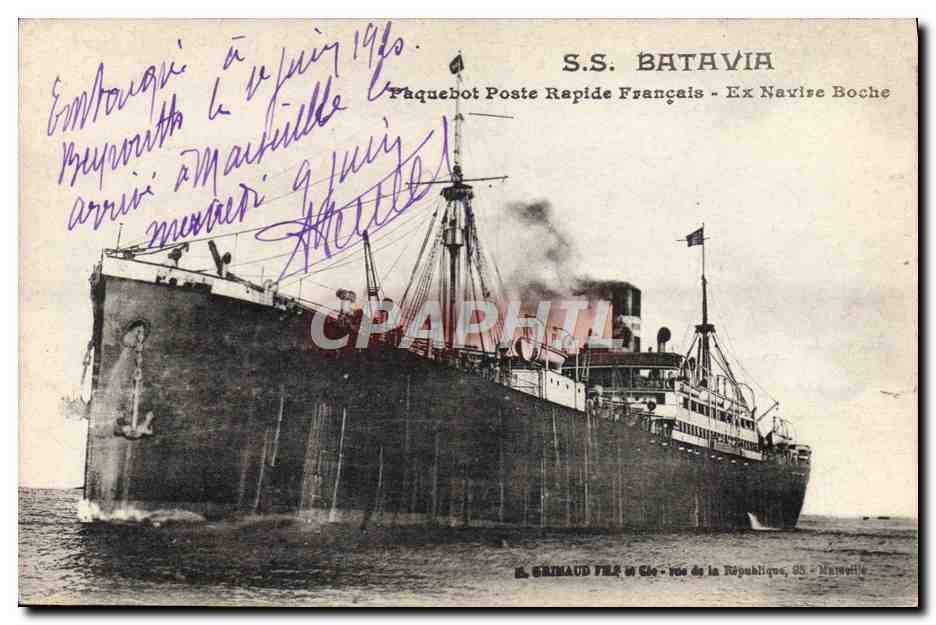 S.S. BATAVIA — Transbordador Poste Rapide Francés - Ex Navio Alemán — Editor H. GRINAUD Fils, rue de la République, 35 - Marsella