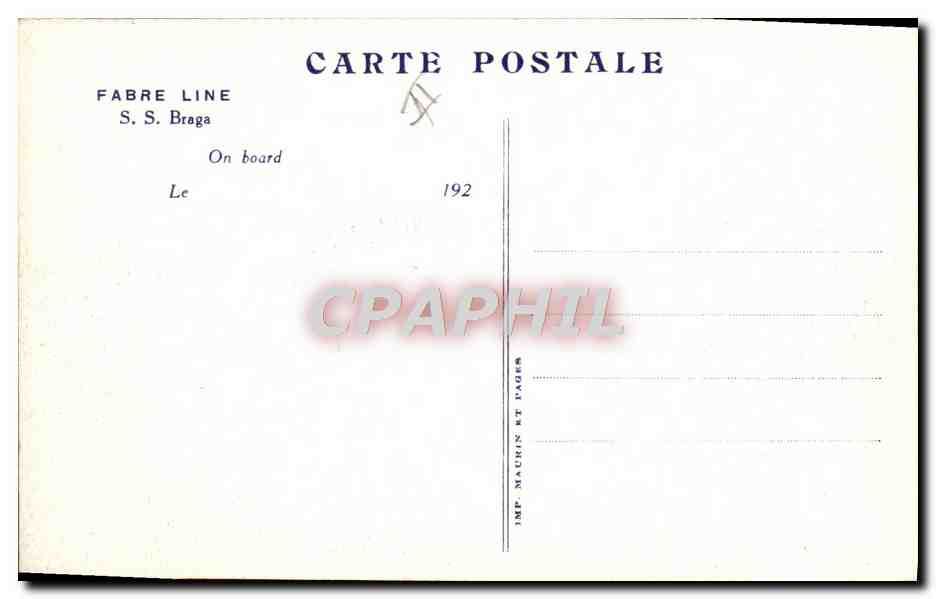 S.S. Braga — Navire de la Fabre Line — Éditeur : IMP. MAURIN ET PAGES — Reverso