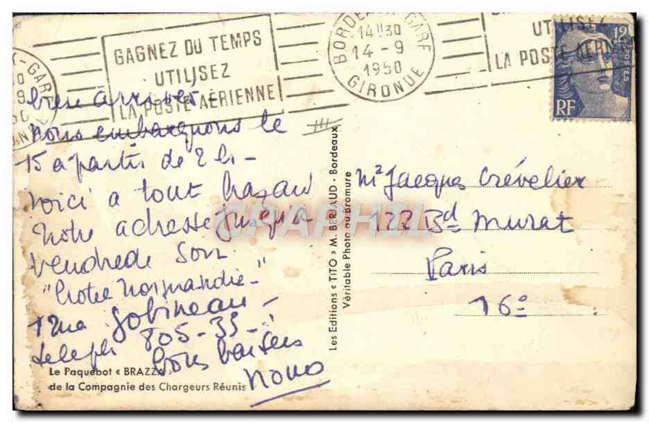 Le paquebot Tito — Le Paquebot « BRAZZA » — Éditions TITO — n° 14130 — Reverso