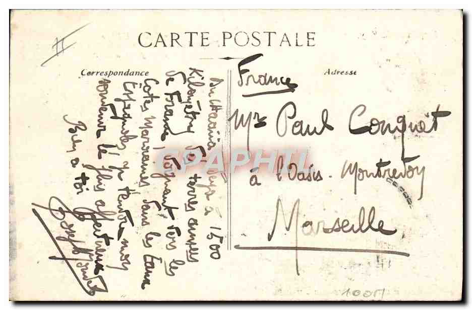 Paquebot Français « CHAOUIA » — Paquebot de la Cie N. Paquet — par grosse mer — éditeur : G. Gauthier & Cie, 34 rue Marchand, Marseille — Verso