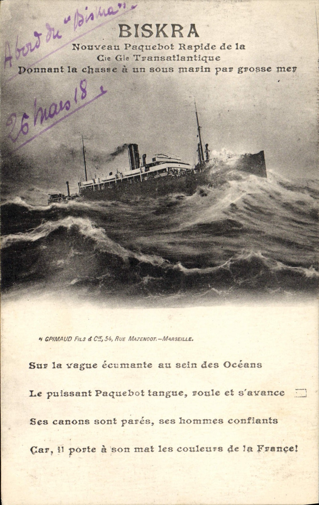Abord du "Biskra" — Nouveau paquebot rapide de la Cie Gle Transatlantique — GPIMAUD Fils & Cie, 54 Rue Mazencot, Marseille