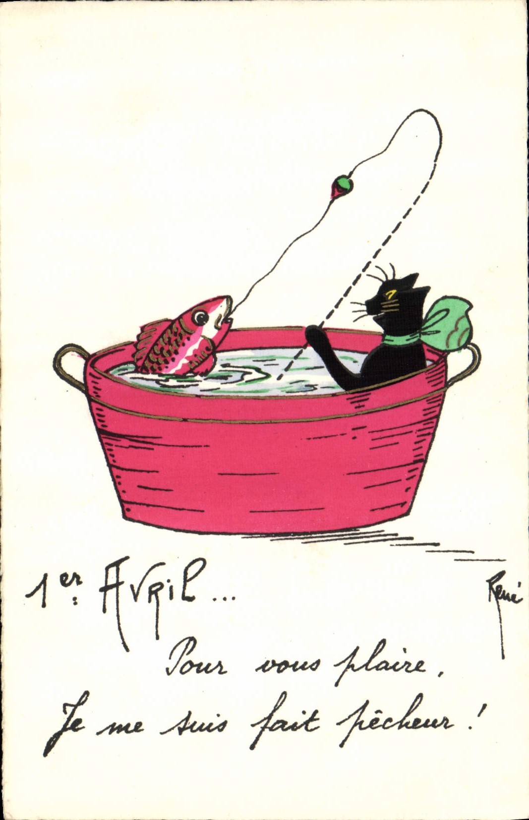 CPA Fantaisie Illustrateur Chat Poisson 1er Avril Rene 