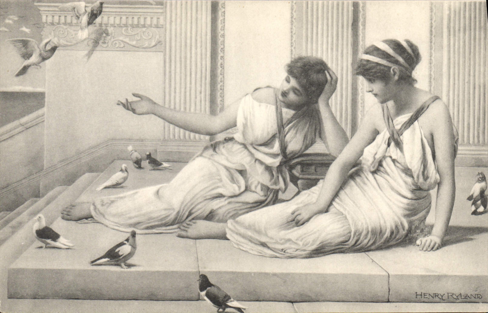 Deux jeunes femmes en toges antiques — pigeons — Henry Ryland