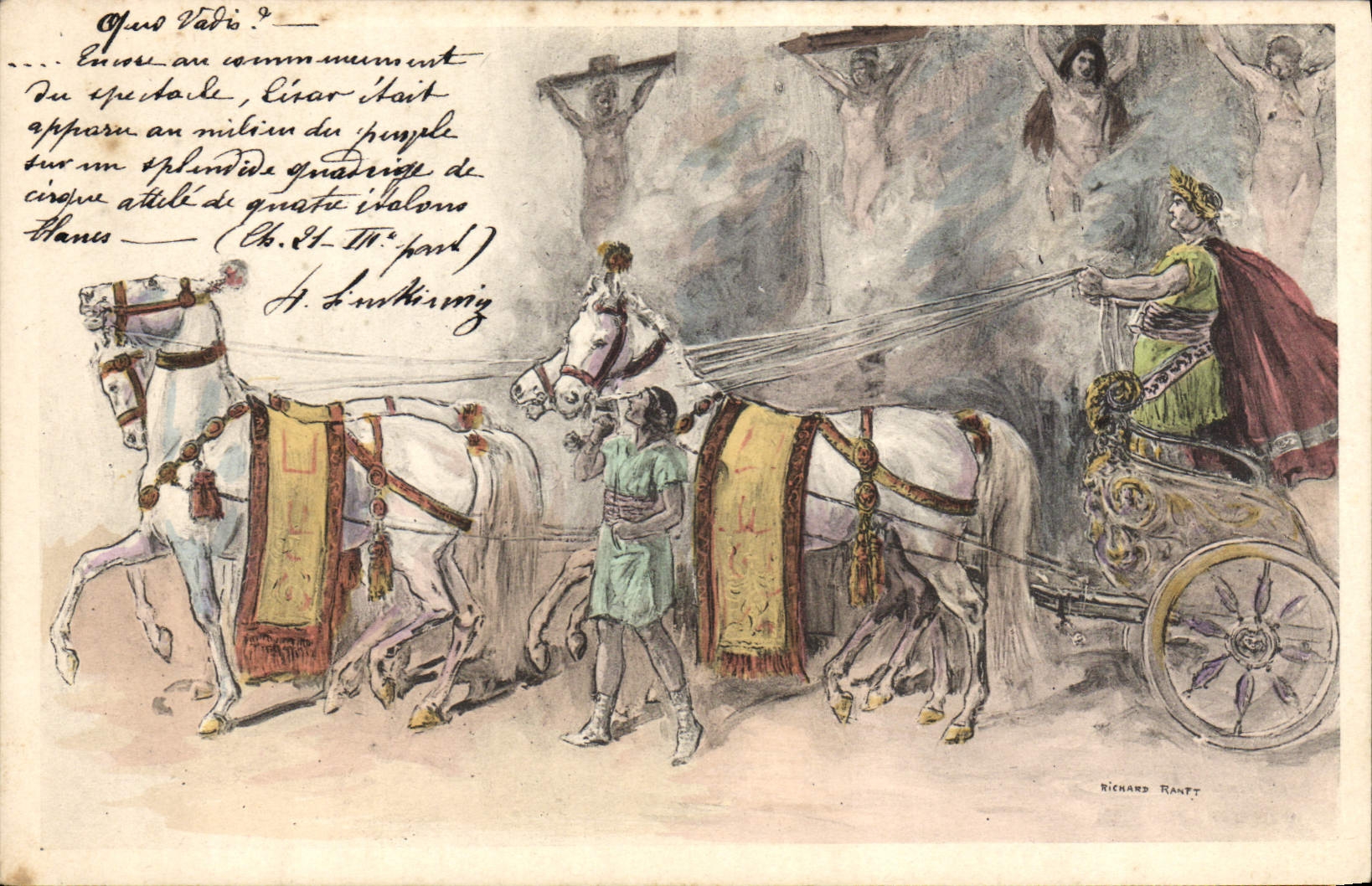 CPA Fantaisie Illustrateur Char romain Chevaux Cheval Christ Croix Chretiens
