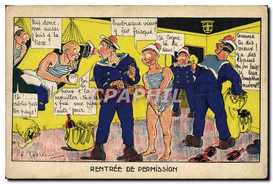 Rentrée de permission — caricature de marins en tenue de bain — éditeur non visible