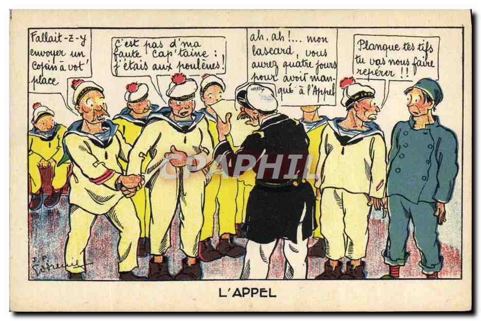L'APPEL — caricature de marins et d'un officier — dessin de P. P. Sarrail