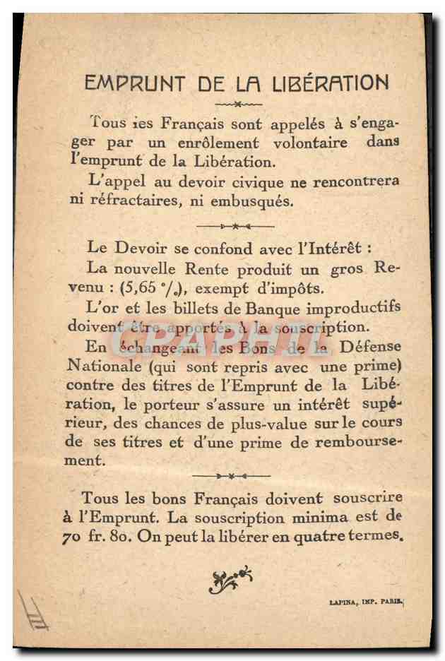 CPA Militaria Emprunt de la Liberation Vainqueurs de la Marne General Guillaumat  — Verso