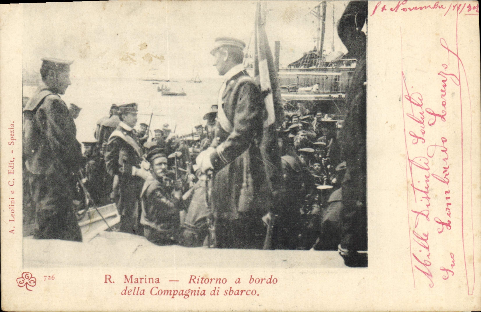R. Marina — Ritorno a bordo della Compagnia di sbarco — A. Leolini e C. Edit., Spézia, n° 726