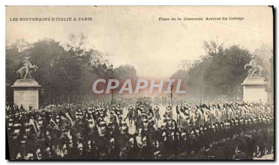 Les Souverains d'Italie à Paris — Place de la Concorde. Arrivée du Cortège