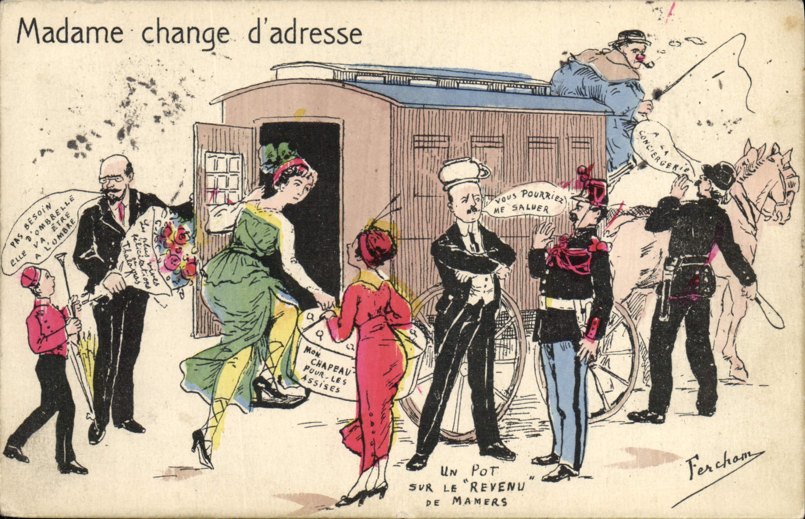 Madame change d'adresse — caricature satirique — Fercham, n° 108