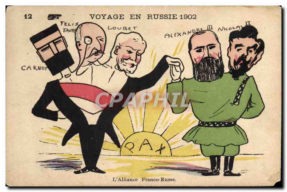 Antike Ansichtskarte Reise nach Russland 1902 Russland Französisch-Russischer Bündnis Loubet Alexandre III Nicolas II