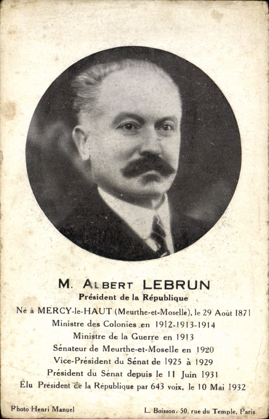 Herr Albert Lebrun — Präsident der Republik — Foto Henri Manuel, L. Boisson, 50 rue du Temple, Paris