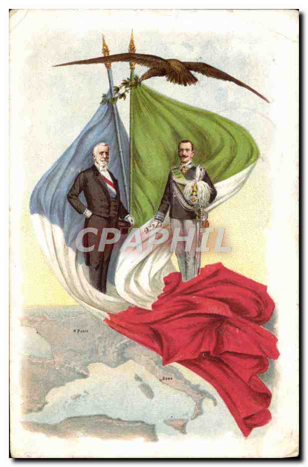 Deux hommes devant le drapeau italien — éditeur Paris — n° de série non visible