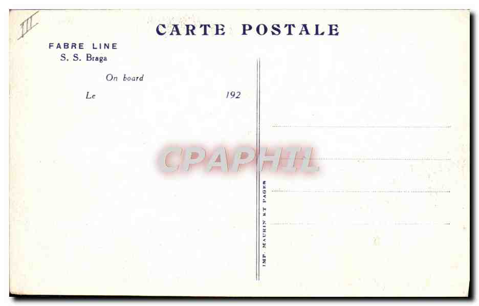 S.S. Braga — Navire de la ligne Fabre — Éditeur Imp. Mauchin et Fages — Verso
