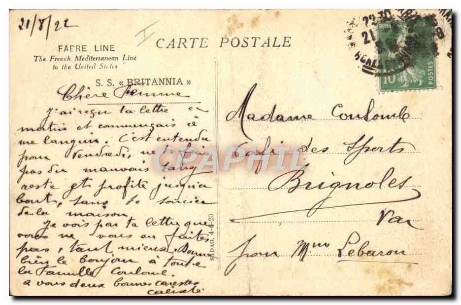 CPA Bateau Paquebot Fabre Line SS Britannia  — Back