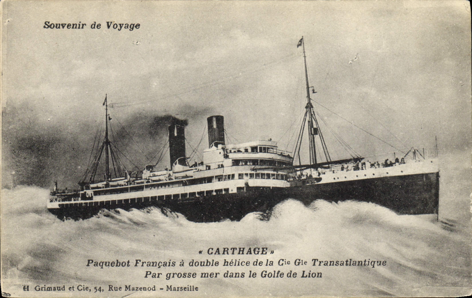 Paquebot « Carthage » — paquebot français à double hélice de la Cie G. Lion — H. Grimaud et Cie, 54, Rue Mazenod - Marseille