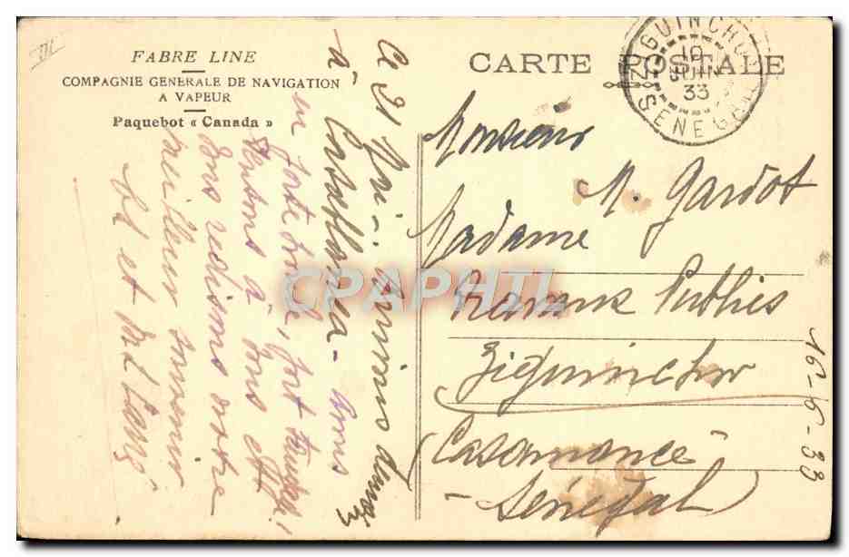 Paquebot « Canada » — Compagnie Générale de Navigation — éditeur Fabre Line — Reverso